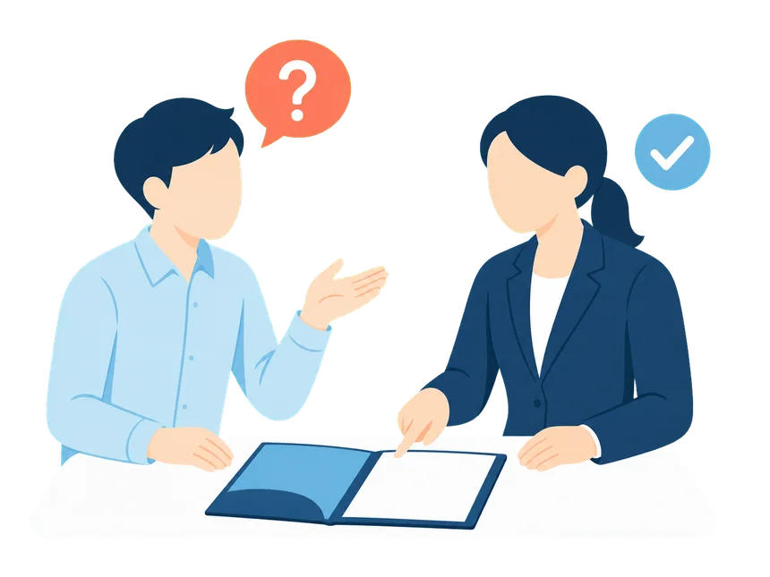 疑問を相談する中小企業のご担当者と、書類を示して答えるワークストラストの相談員
