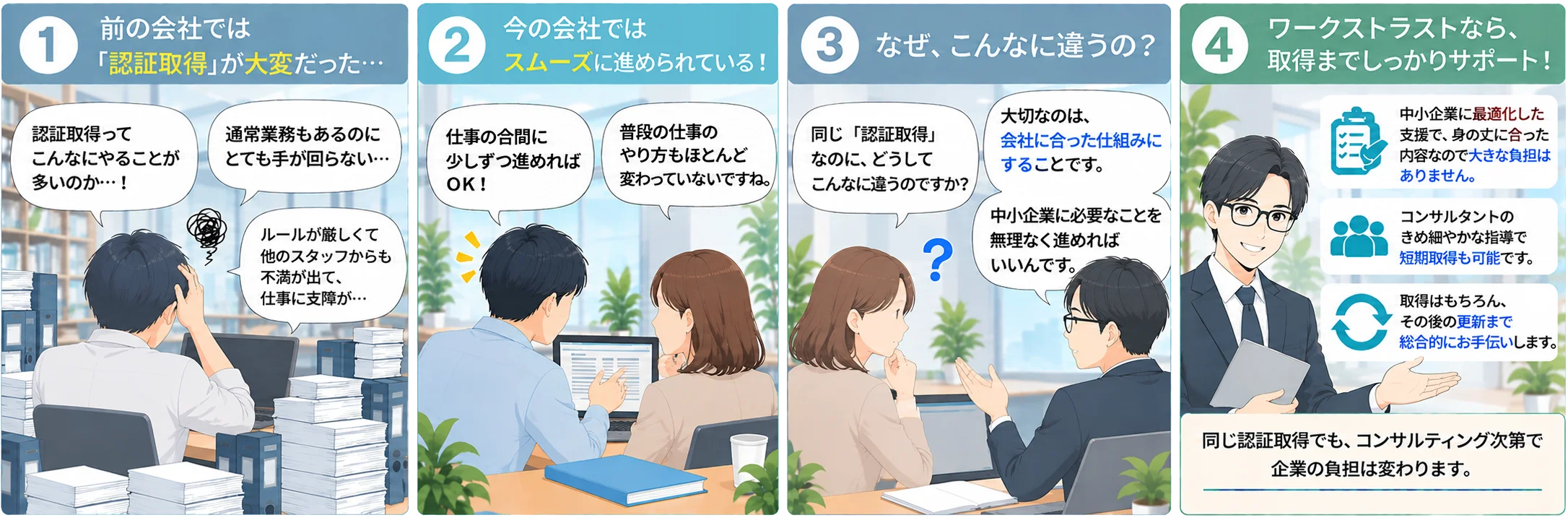 取得サポートの違いを描く4コマ