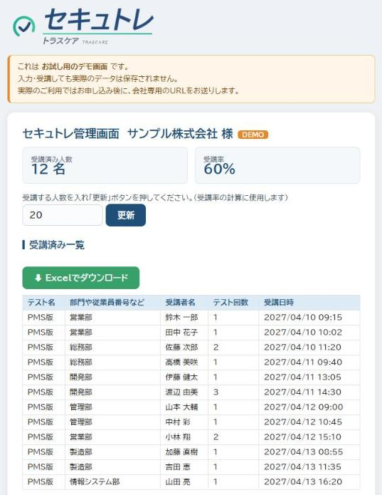 セキュトレの管理画面(デモ版)